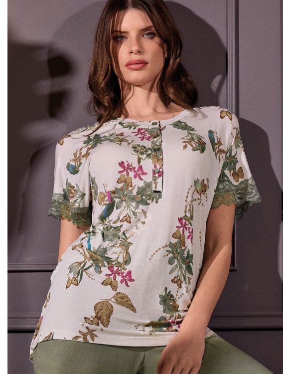 Pigiama donna "Lormar" serafino serie TAHITI mezza manica e pantalone lungo, in viscosa leggera - immagine 2