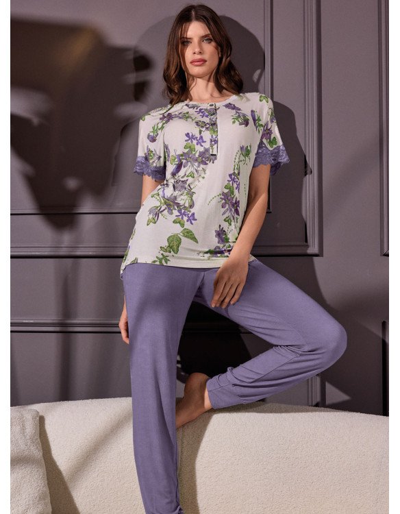 Pigiama donna "Lormar" serafino serie TAHITI mezza manica e pantalone lungo, in viscosa leggera - immagine 3