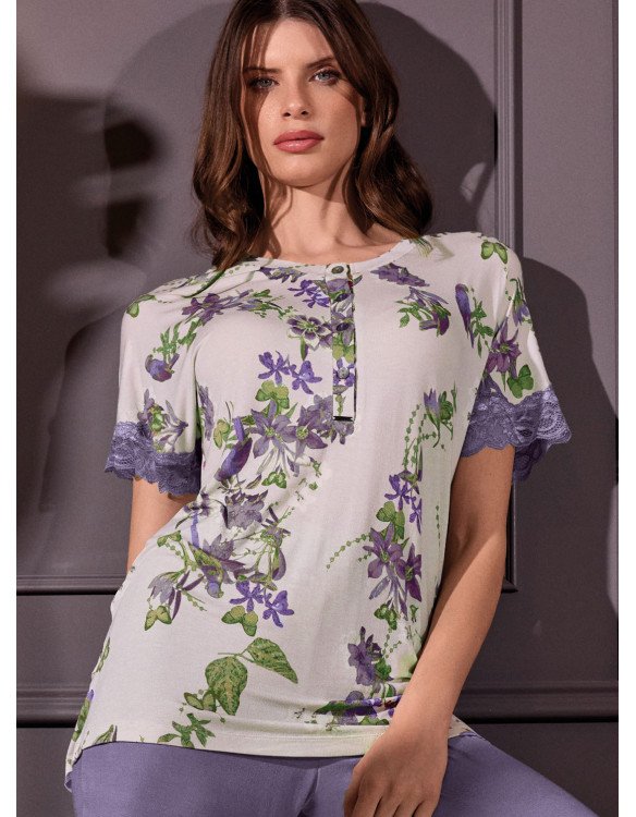 Pigiama donna "Lormar" serafino serie TAHITI mezza manica e pantalone lungo, in viscosa leggera - immagine 4